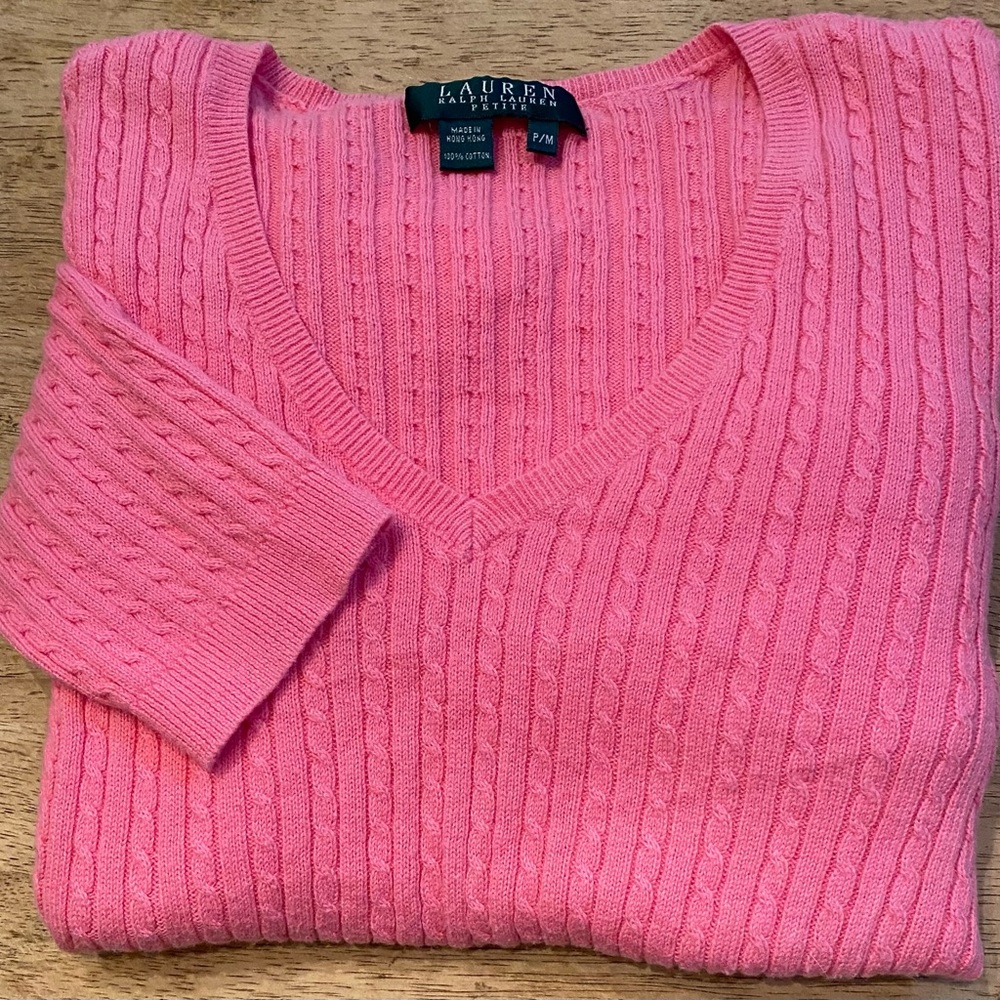 Lauren Ralph Lauren Petite‎ Women’s Size P/M Pink 100% Cotton Cable Knit V Neck - Picture 5 of 14